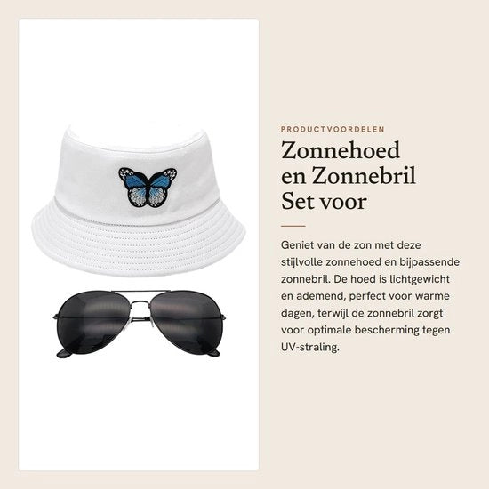 Cappello da sole per donne - Opvouwabile - Disegno farfalla - Occhiali da sole - Protezione UV - Leggero polyester - Accessorio da spiaggia