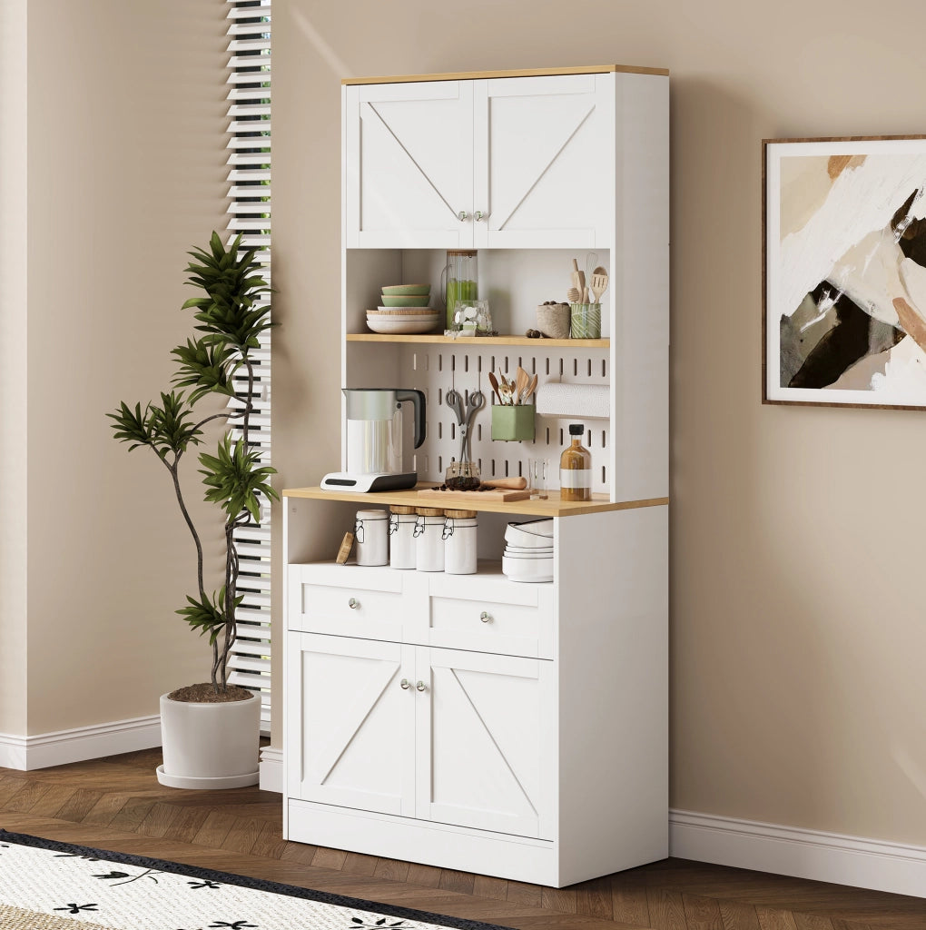 Sideboard 80x40x175 cm con pannello forato e ante stile fienile in MDF e pannelli di particelle bianco e naturale