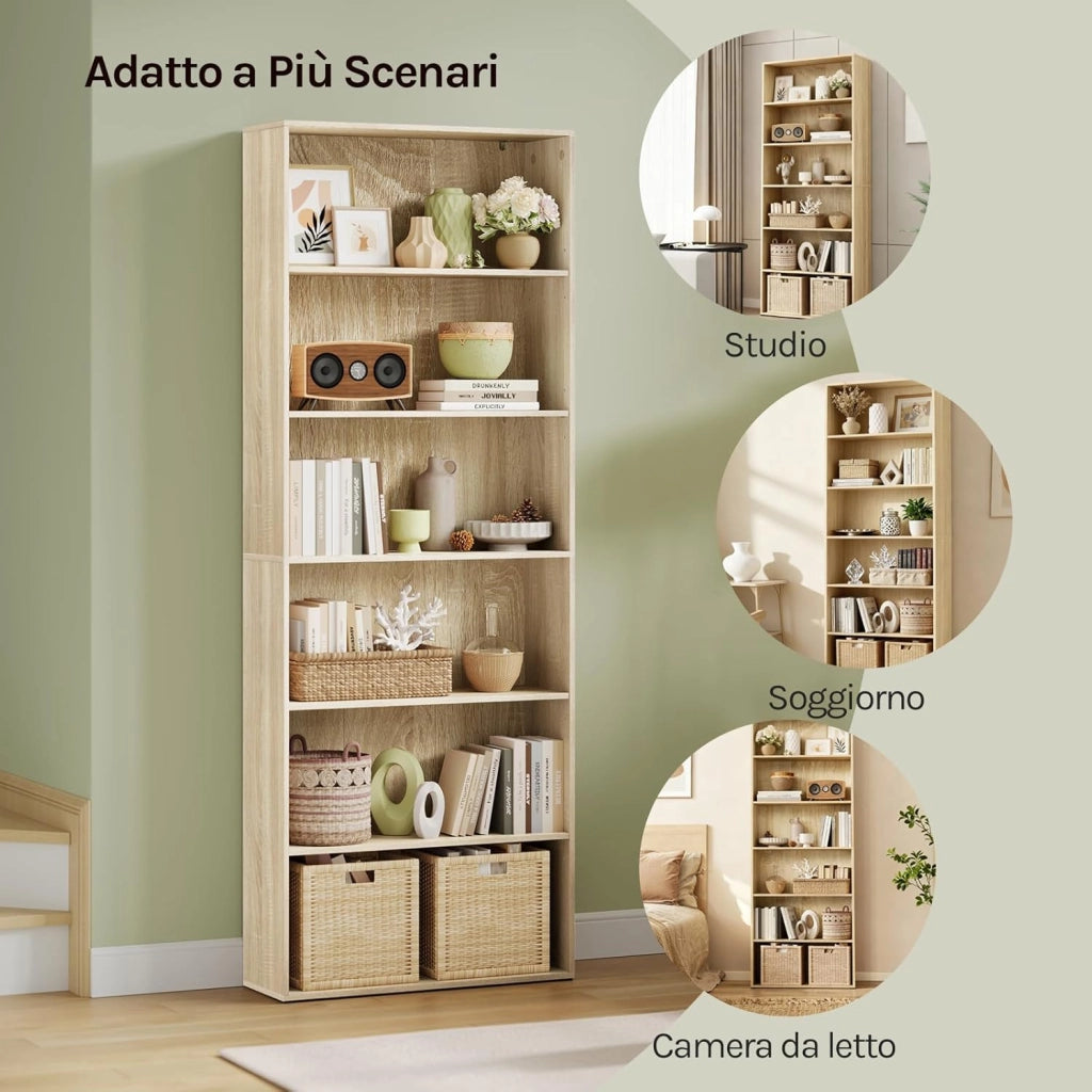 Libreria a Pavimento con 6 Ripiani Regolabili, Scaffale Aperto per Soggiorno Ufficio Camera, Divisorio Ambienti, 60x180x23,5 cm, Rovere Chiaro