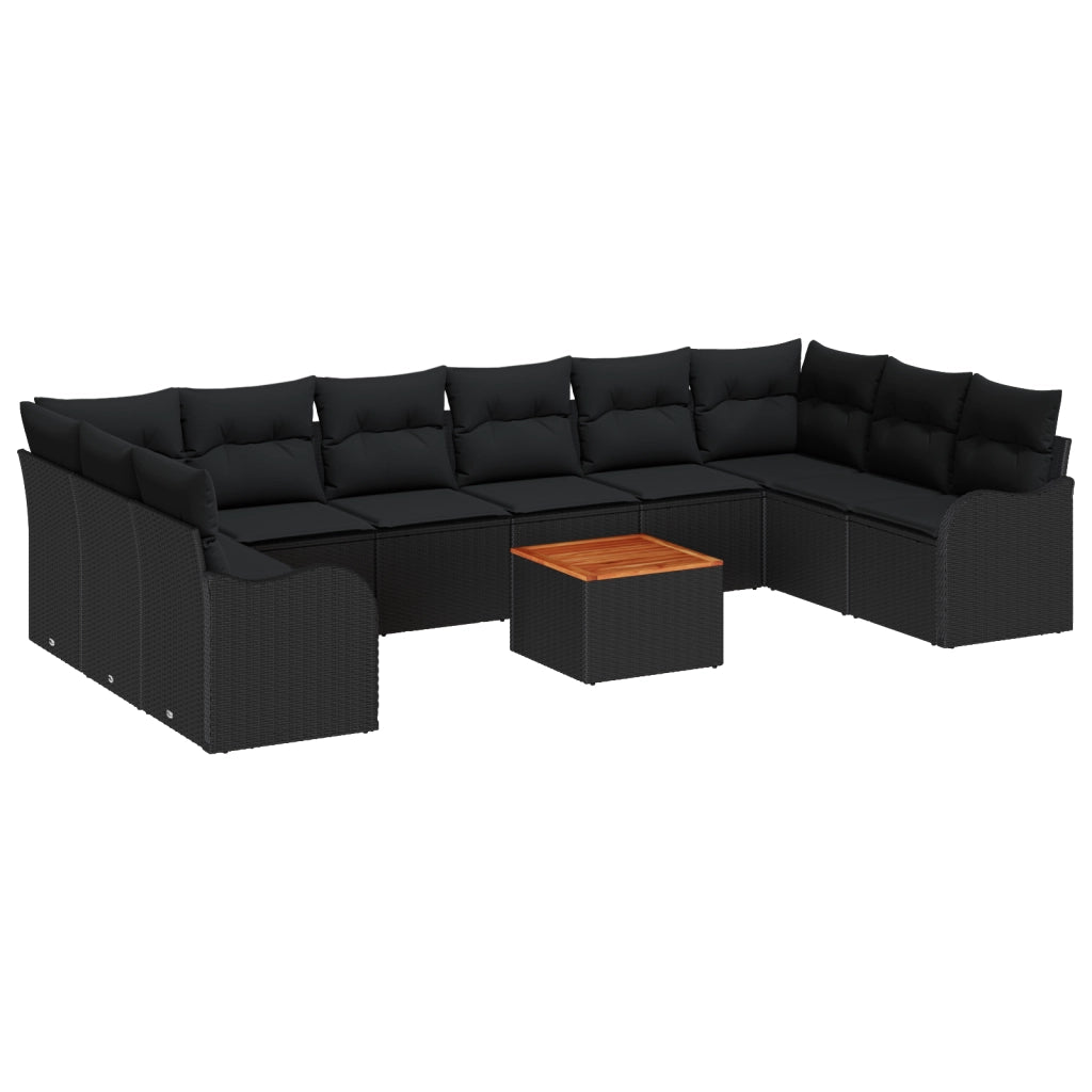Set Divano da Giardino 10 Pezzi con Cuscini Nero Polyrattan Acacia