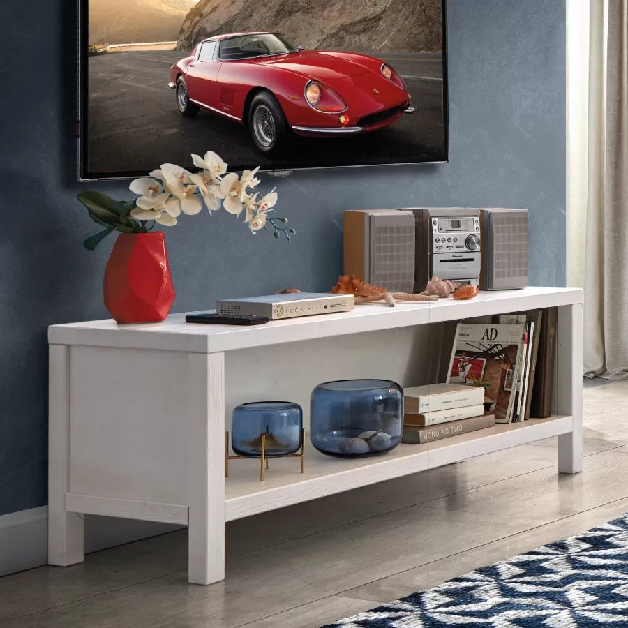 Porta tv a giorno shabby bianco in legno massello di abete 140x45x52 - Mobili 2G