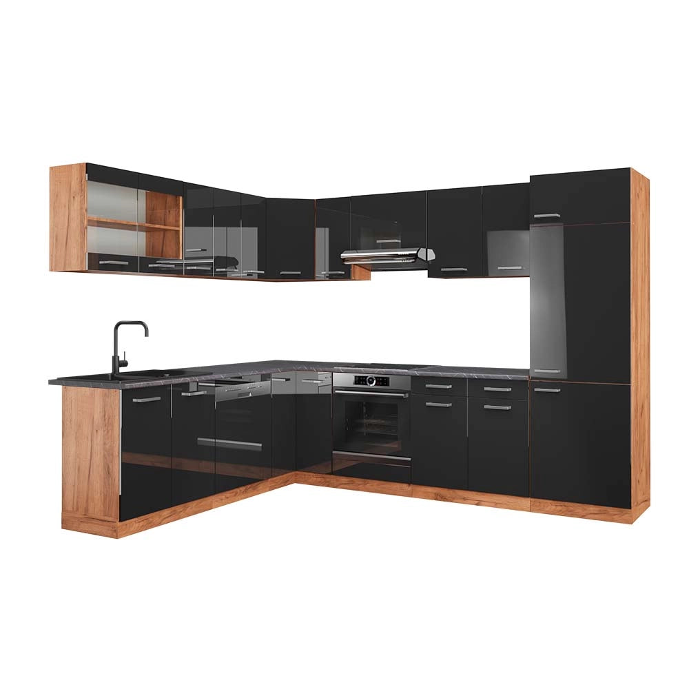 Cucina angolare completa R-Line Antracite lucido/Rovere dorato 287 x 227 cm, PL Antracite Vicco
