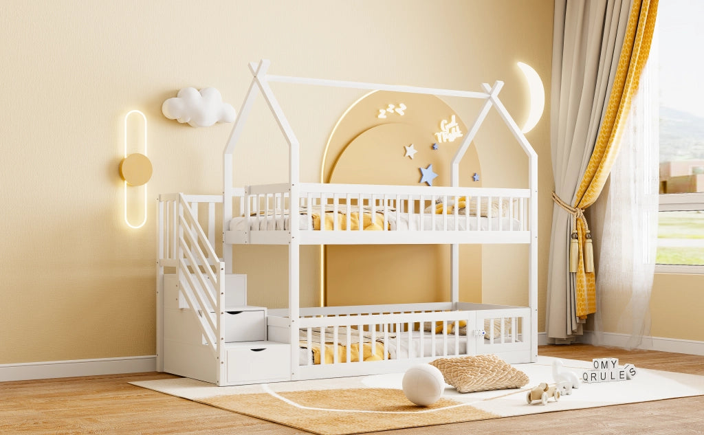 DESMIU Letto a castello per bambini 90 × 200 cm 1 posto con scala, cassetti e tetto, senza materasso, in legno bianco