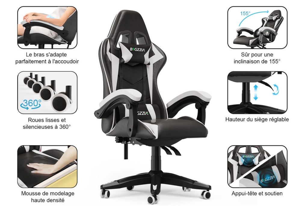 Sedia da gioco,  Sedia da gioco ergonomica, altezza regolabile, schienale reclinabile, braccioli e poggiatesta, nero e bianco