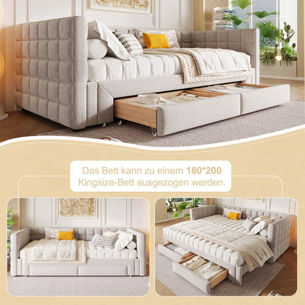 Letto estraibile singolo 90×200 cm con 2 cassetti e testiera quadrata; senza materasso; velluto; beige