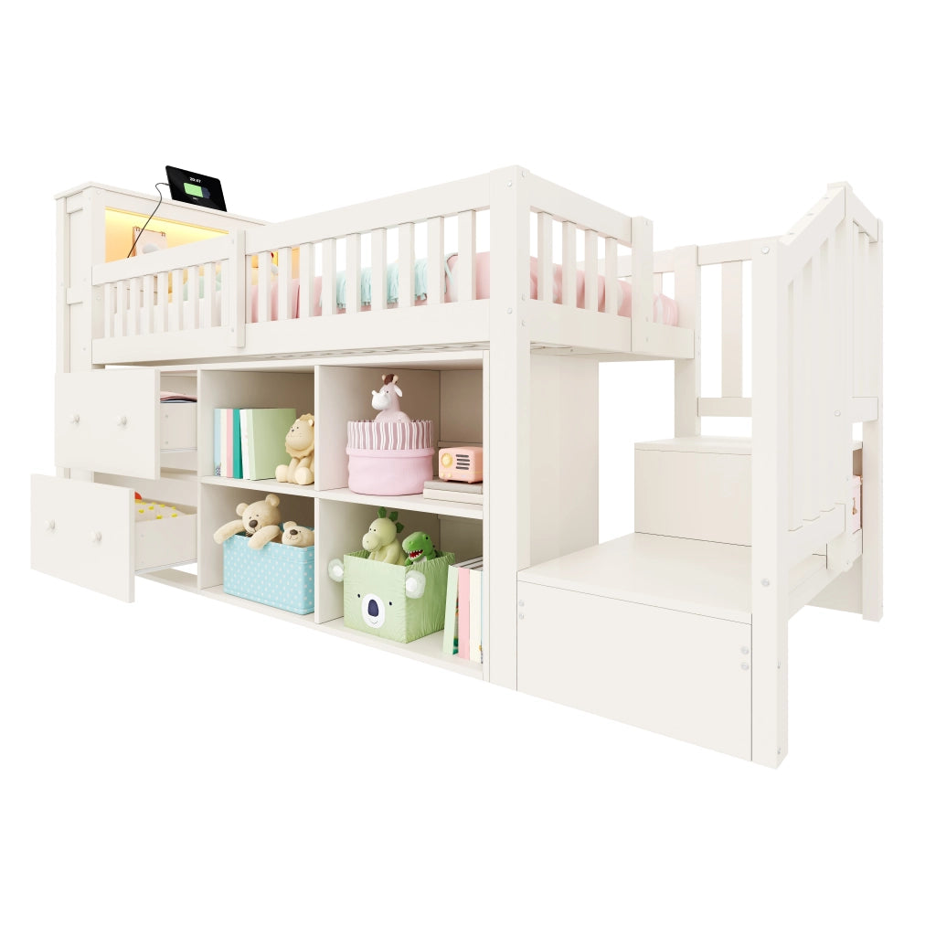 Letto rialzato per bambini 90x200 cm con cassetti; vani portaoggetti; scala contenitore e LED; bianco
