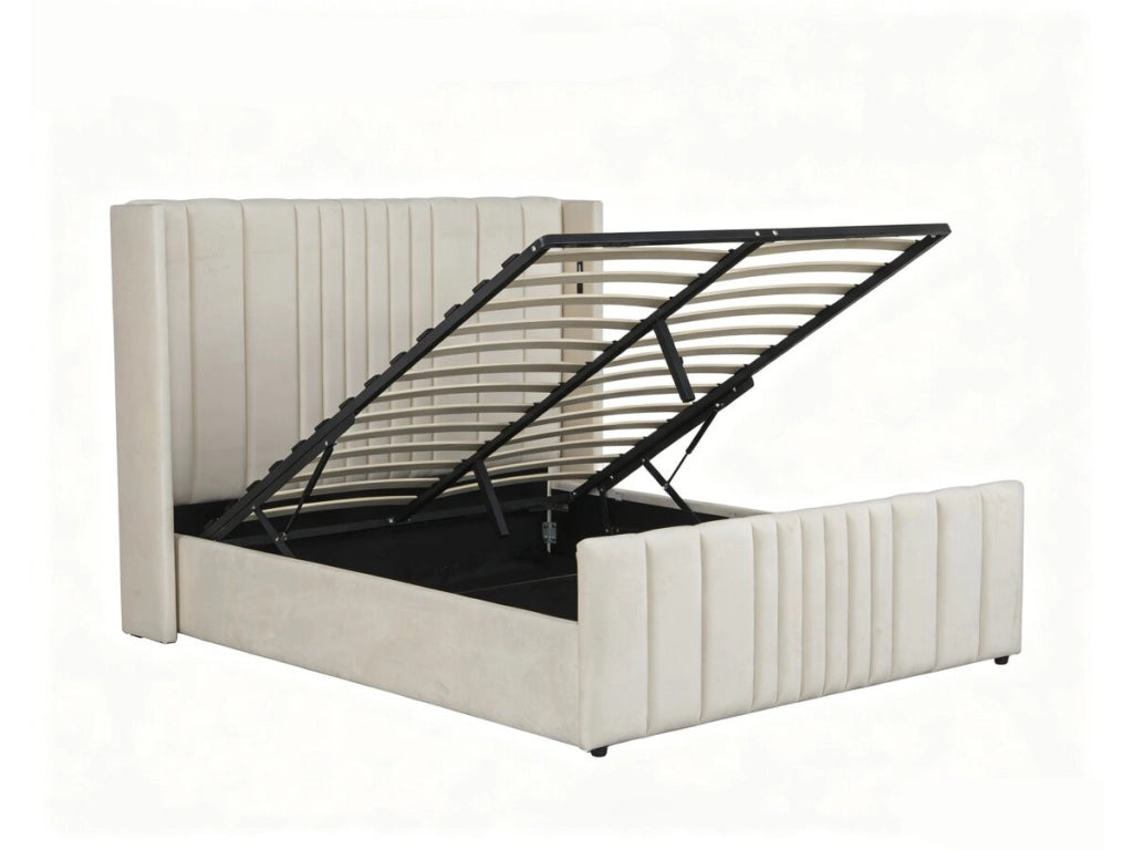 Letto matrimoniale con contenitore in tessuto e lampade integrate "Verbier" - 140 x 190 cm - Beige