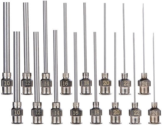 Siringa a pistone 1,5 pollici - 16 pezzi - Acciaio inossidabile - Punta piatta - Chiave di blocco Luer - Adatto per l'uso con pistole per colla - 8 misure (10G/12G/14G/16G/18G/20G/22G/24G)