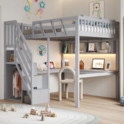 Letto a soppalco 140x200 cm con scala contenitore; scrivania; USB e LED; legno massello grigio