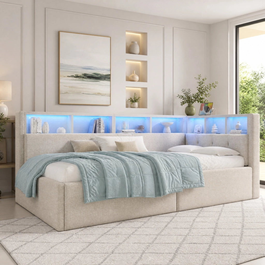 DESMIU Letto divano 90 × 200 cm 1 posto con LED regolabile, USB, Type-C e contenitore idraulico, senza materasso, beige