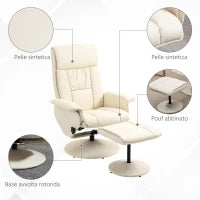 Poltrona Relax Reclinabile fino 135° con Seduta Girevole e Pouf Poggiapiedi, 78x84x110cm, Crema