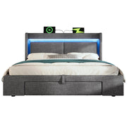 Letto imbottito con testiera - Xylo - 140x200 cm - Grigio lino - Con spazio idraulico, LED, USB, USB-C