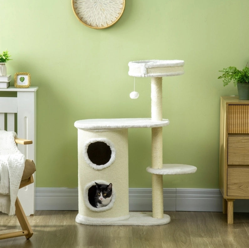 Tiragraffi per gatti con cuccia, gioco sospeso e sisal, 100 cm