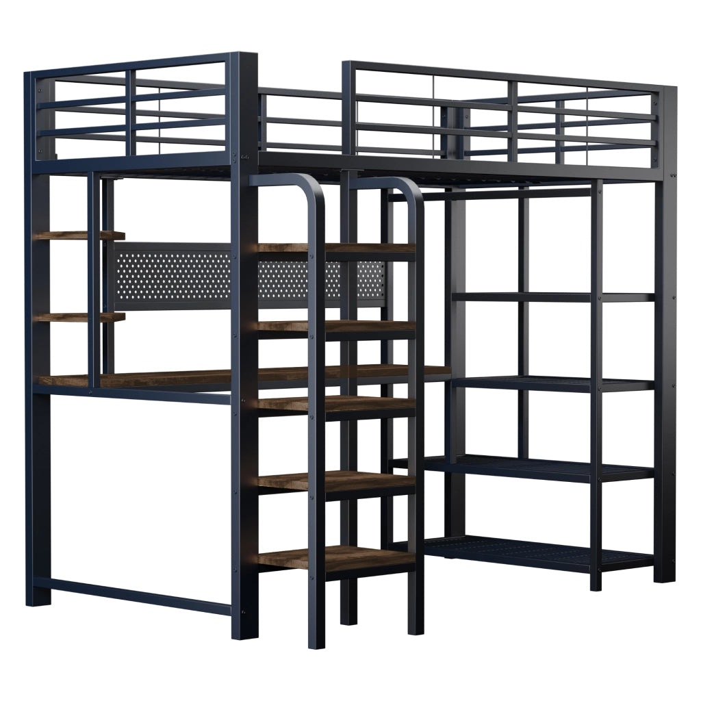 LETTO A SOPPALCO 90x200 cm in metallo e legno nero con scrivania, LED e prese