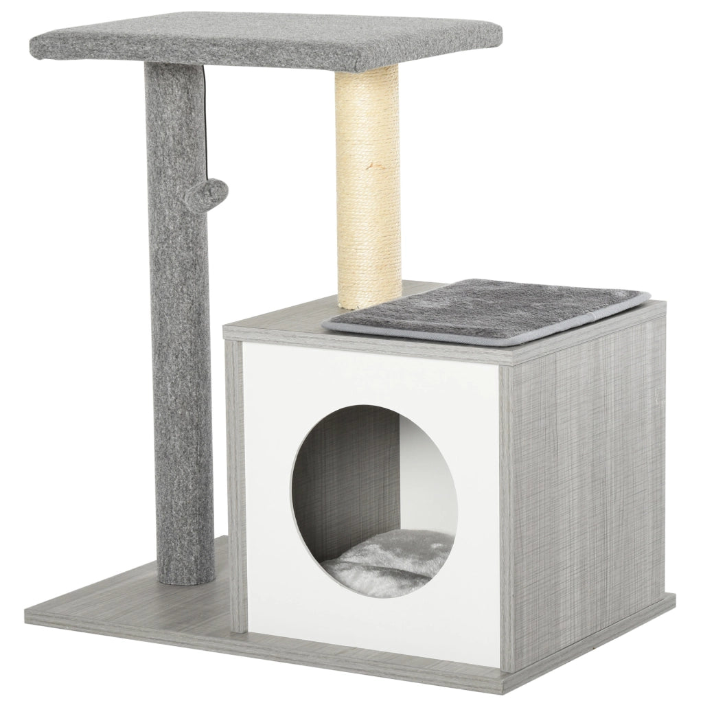 Tiragraffi Multilivello per Gatti ¨C Xylo ¨C con Cuccia e Colonna Sisal, Grigio, 59x39x62cm