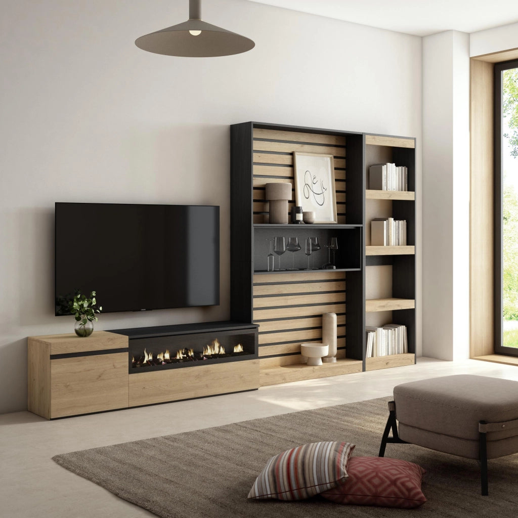Mobile TV, Soggiorno, 320x35x186cm, Camino elettrico, colore Rovere e nero RF2596
