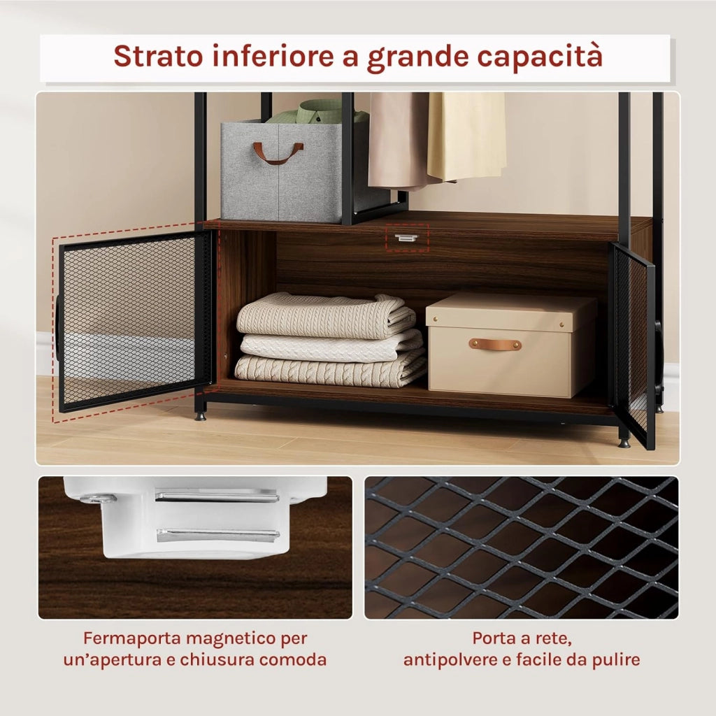 Stand Appendiabiti con Multi Scaffali Laterali e Armadietto Guardaroba Scaffale Porta Abiti in Legno e Metallo, Faggio Scuro