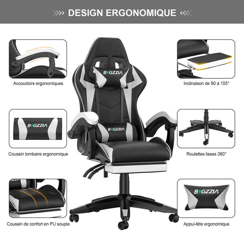Sedia da gioco,sedia da gioco ergonomica  in similpelle, altezza regolabile,con poggiatesta e supporto lombare, poggiapiedi, nero e bianco