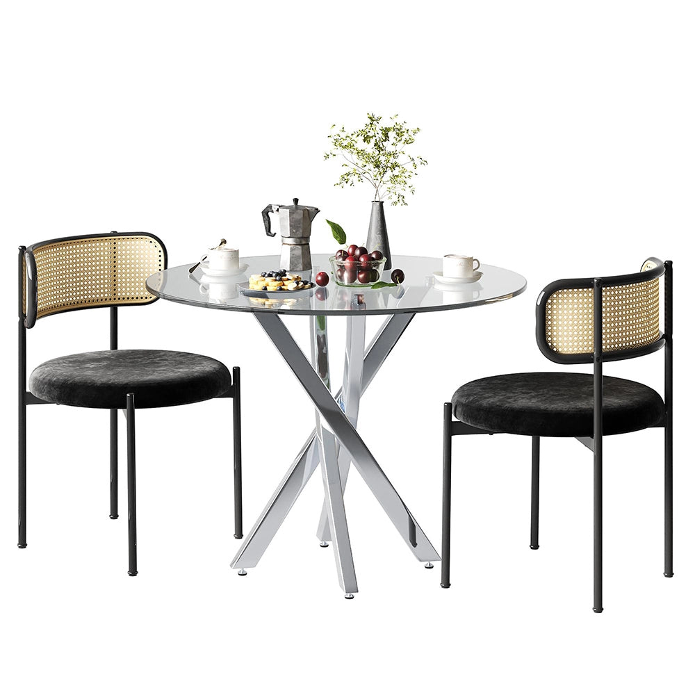 Set di tavolo e sedie - Xylo - 80x80x75cm - Vetro temperato, gambe argentate, sedie nere