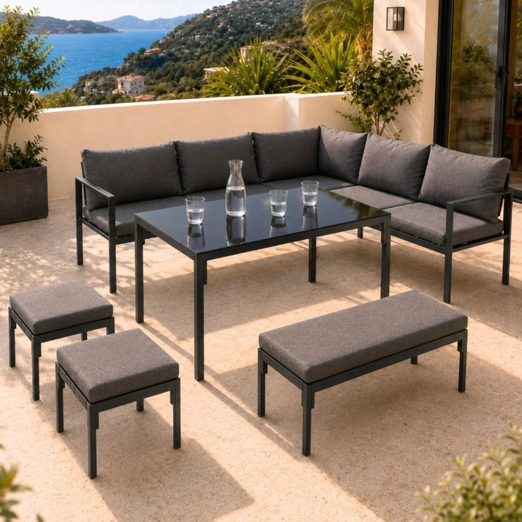 IDMarket - Set da giardino per pranzi NAYLA da 8 posti, angolare, in metallo con cuscini grigi, composto da tavolo da pranzo, divano angola