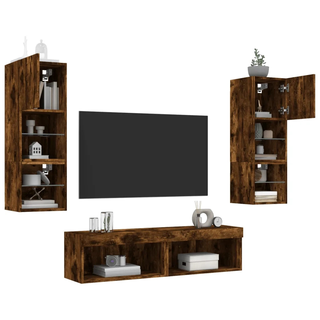 Mobili TV a Muro con LED 6pz Rovere Fumo in Legno Multistrato 3216619