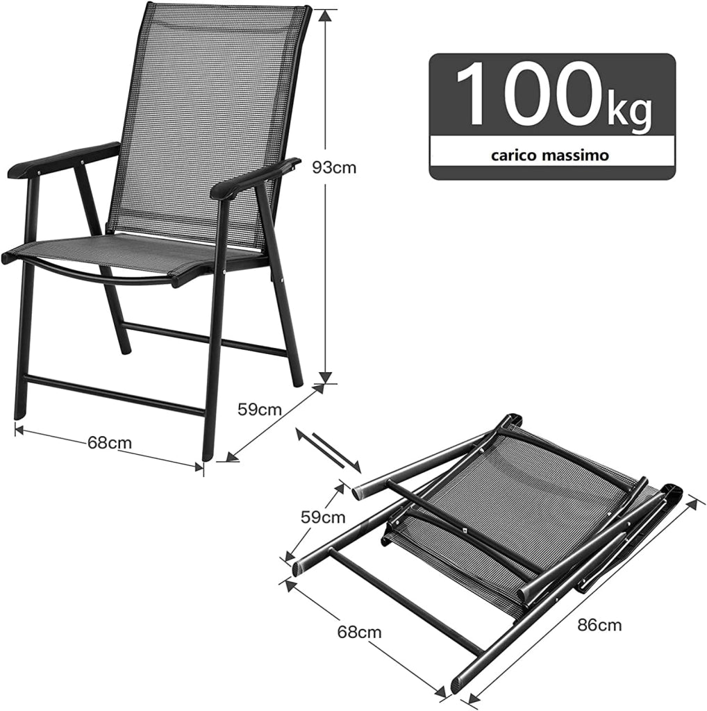 Set di 2 sedie da giardino, sedie pieghevoli con schienale alto e tessuto resistente alle intemperie, sedie da balcone con braccioli, sedie da patio, per giardino, patio, balcone, grigio