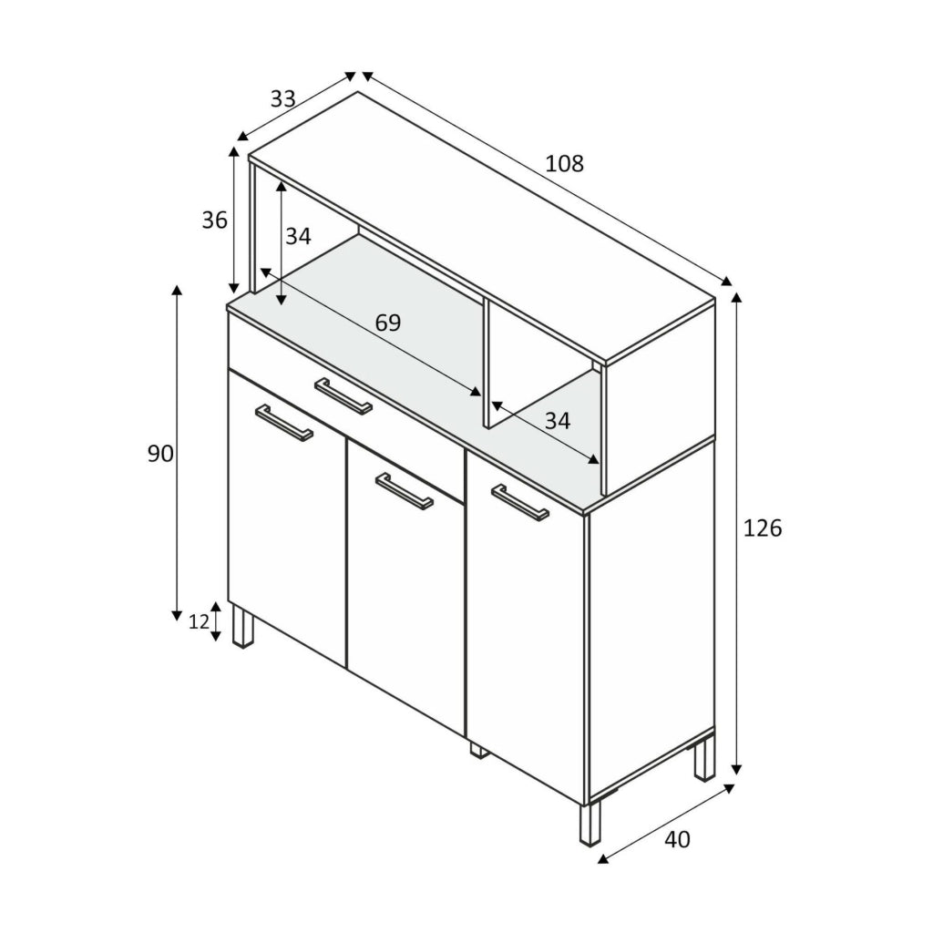 Armadio multiuso Angstrom, Mobile ausiliario da cucina, Credenza a 3 ante e 1 cassetto con ripiani, Armadio aperto, cm 108x40h126, Bianco e Rovere