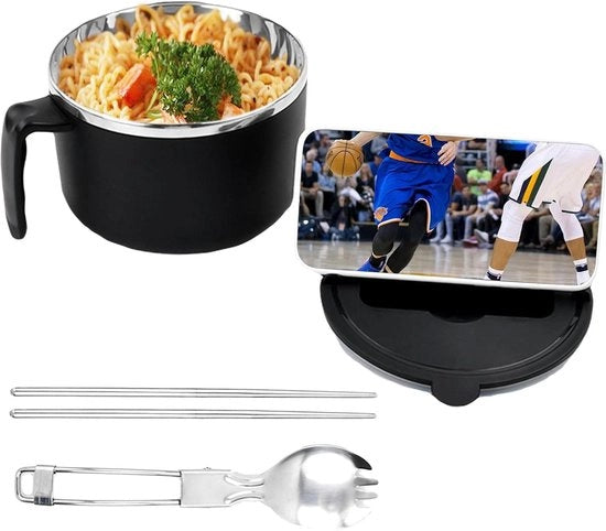 Scodella per Ramen 1200 ml - coperchio filtrante - cucchiaio per noodles in acciaio inossidabile - BPA libero - scodella per ufficio o camera da letto - nero