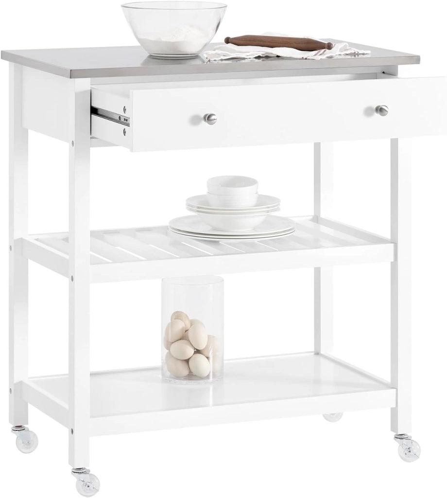 Carrello Cucina con Ruote Isola Cucina Salvaspazio Bianca con Piano in Acciaio Inox Mobiletto Cucina con Cassetti Mobile Cucina per Dispensa, Ingresso o Giardino 81x90x45cm FKW47-II-W