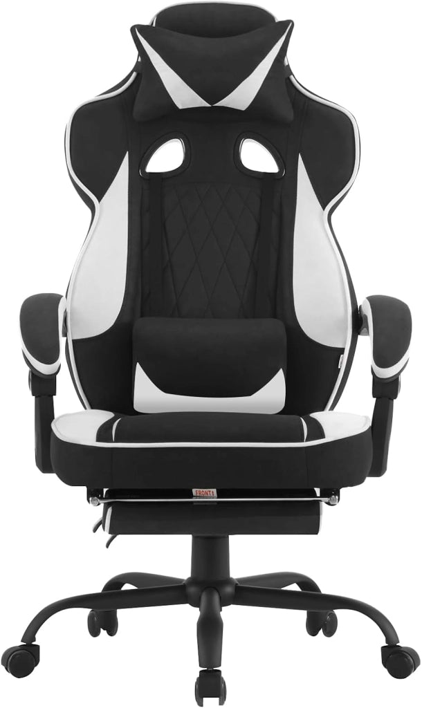 Sedia Gaming Ergonomica | Tessuto Traspirante Fresco D'estate | Schienale Regolabile Poggiapiedi | per Gaming Ufficio Relax | Sedile ampio e comodo per Persone di Taglia Grande | Nero+Bianco