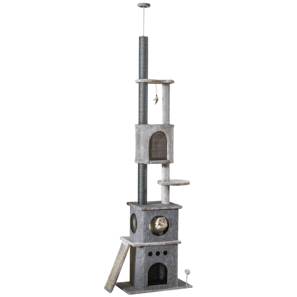 Torre tiragraffi per gatti con 6 livelli e 3 ripiani ¨C zephmum ¨C 225-255 cm regolabile in altezza grigio chiaro