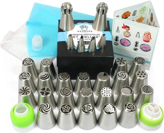 25 grandi punzoni, 4 piccoli (inclusi attacchi per fogli, 3 adattatori, 1 silicone e 30 sacchetti spray monouso, manuale d'istruzioni (forse non disponibile in italiano) Adatto per la decorazione di dolci e cupcake