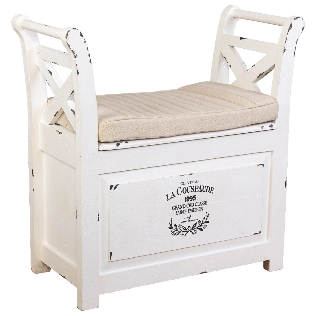 Sgabello in legno e metallo con cuscino bianco 72x33x73h