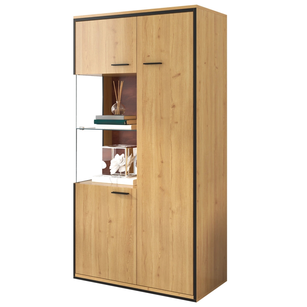 Vetrina moderna con LED; 150 cm; 3 ripiani regolabili; MDF; colore naturale