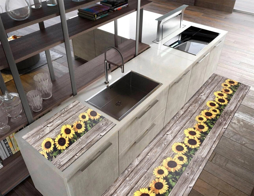 Tappeto Cucina Pvc Antimacchia 51x360 cm Parquet Girasoli Passatoia Antiscivolo Antisfilo Lavabile