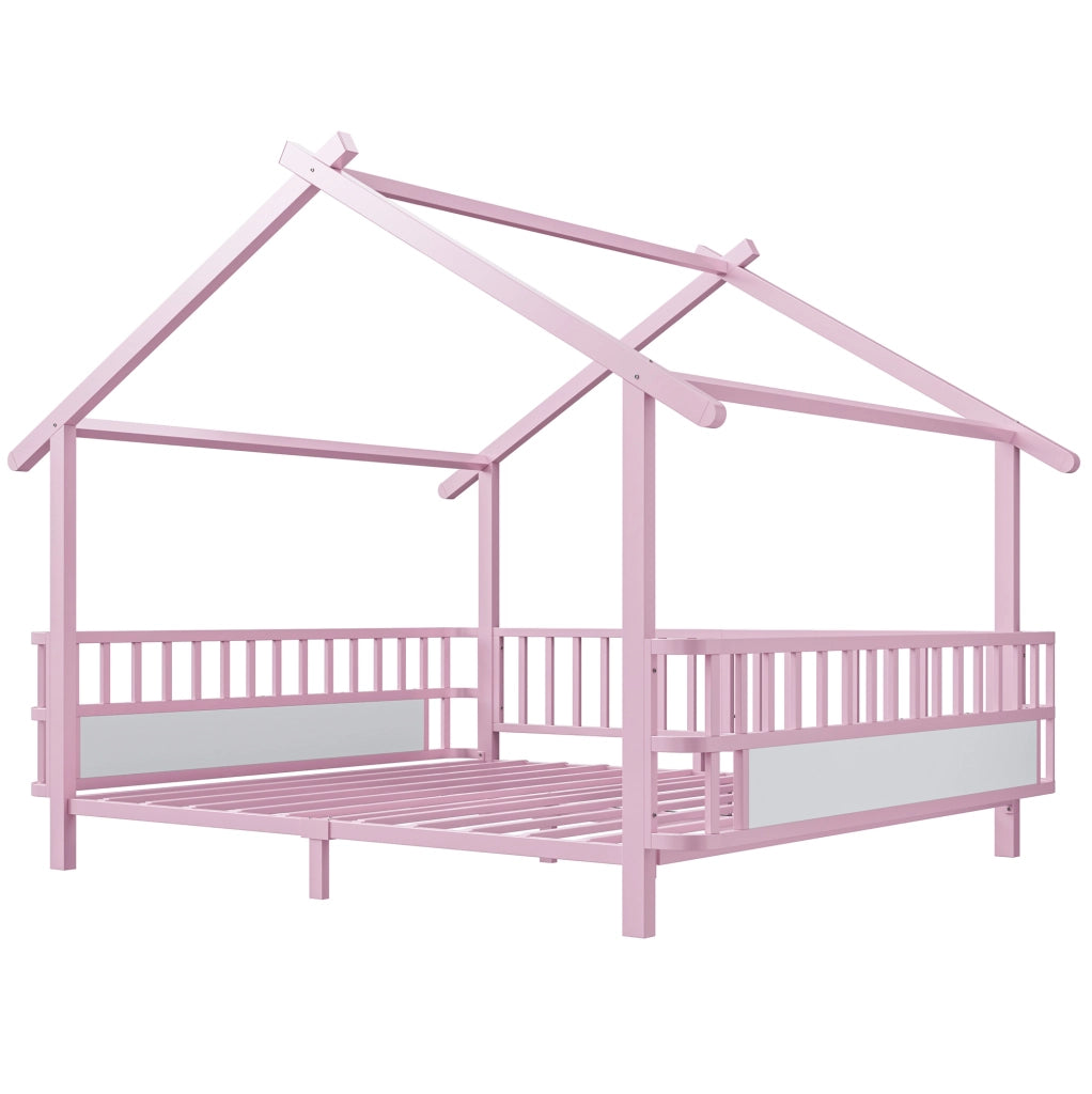 Letto per bambini 140x200 cm con sbarre di sicurezza e tetto in metallo rosa