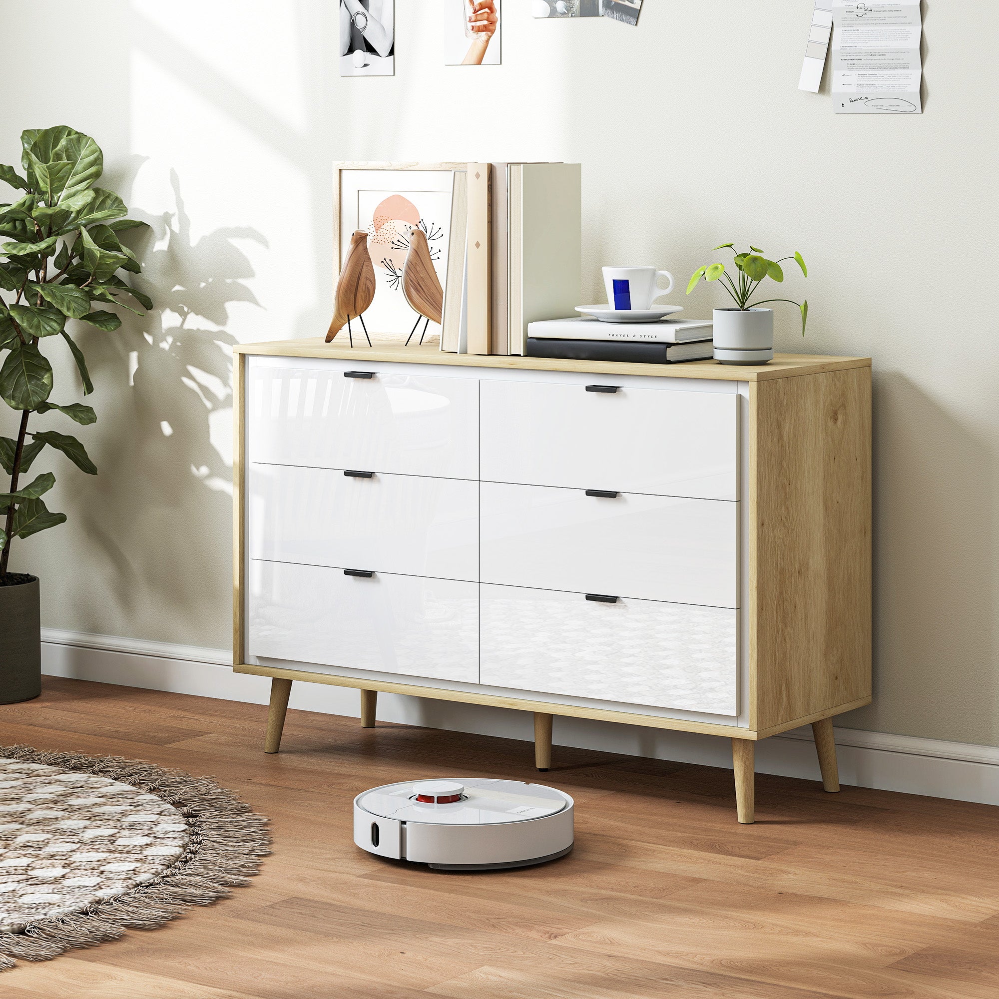 Cassettiera con 6 Cassetti 110x40x75 cm in Legno Bianco Lucido e Rovere