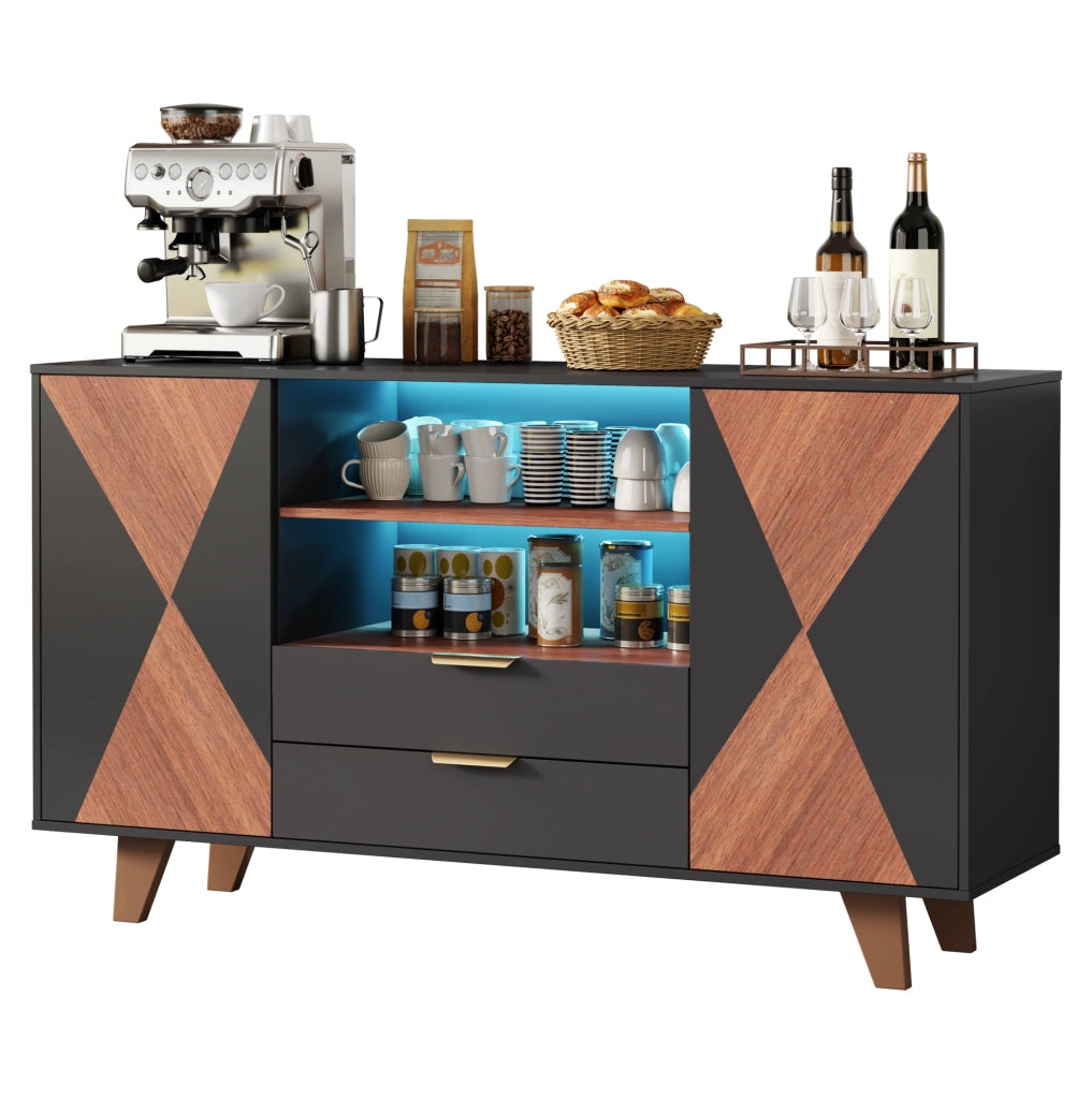 Credenza contenitore LED 150 x 40 x 90 cm, MDF naturale e nero