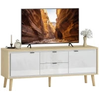 Mobile TV, per televisore fino a 55 pollici, con 2 ante lucide e 2 cassetti silenziosi, 120 x 35 x 50 cm, Bianco