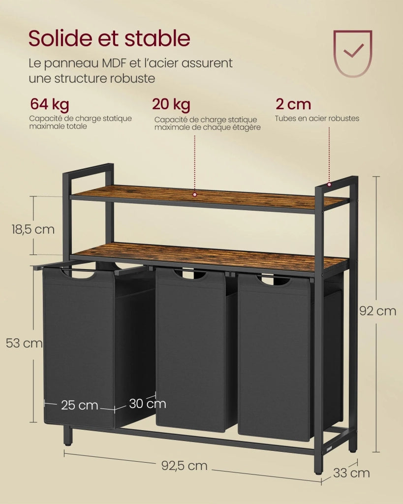 Cesto portabiancheria con 2 scomparti e 2 ripiani sacchetti estraibili capacità 46 litri per sacchetto per bagno/lavanderia marrone 12_0006755