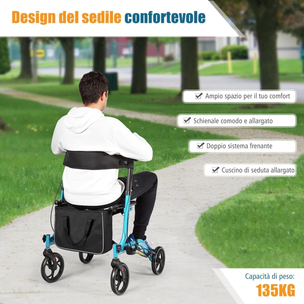 Deambulatore Pieghevole per Anziani Ultraleggero, con Sedile Borsa da Spesa e 4 Ruote Freno a Mano, Rollator Altezza Regolabile, Capacità 136kg, Lega di Alluminio, Nero (Blu)