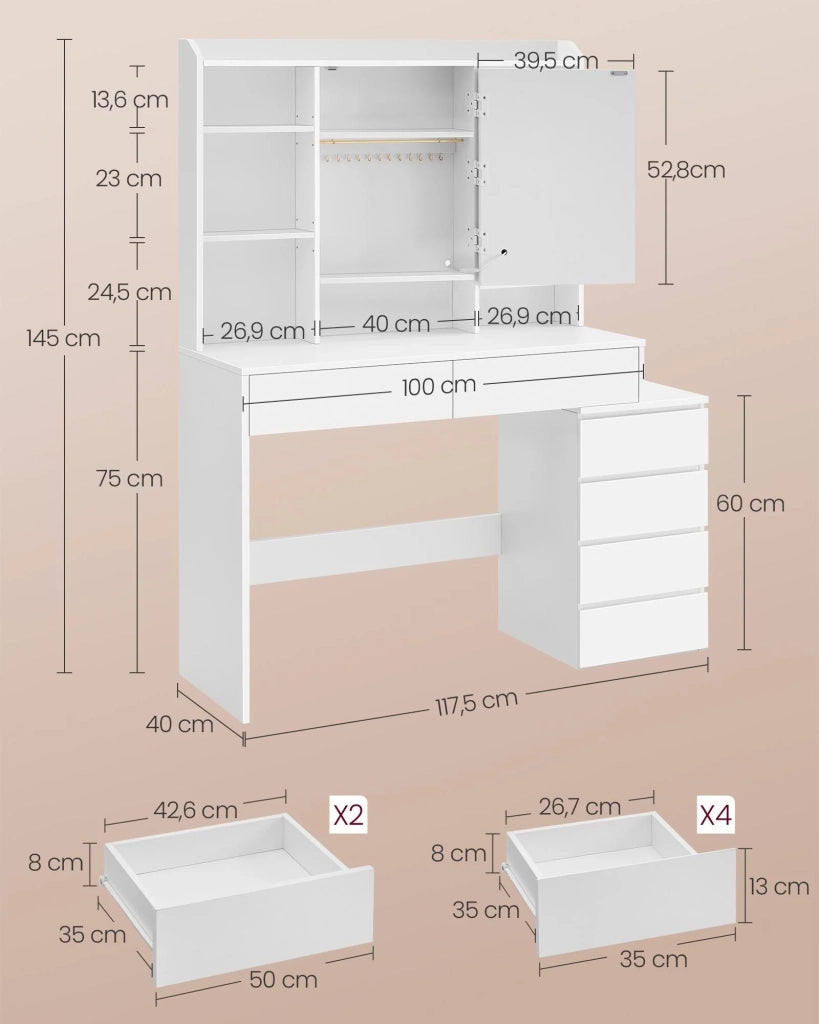 Toeletta con grande specchio LED luminosità regolabile tavolo da trucco con specchio scomparti 40 x 117,5 x 145 cm ripiani regolabili moderno bianco nuvola 12_0005174