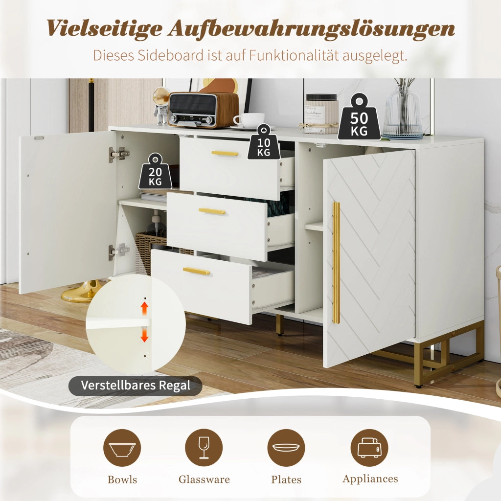 Credenza con 2 ante; 3 cassetti e ripiani regolabili per soggiorno in MDF e PB 145×40×75 cm bianco