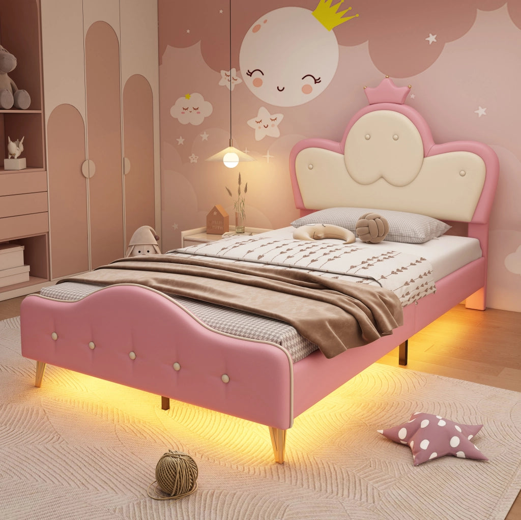 Letto singolo imbottito per bambini 90x200 cm Rosa e Bianco con LED