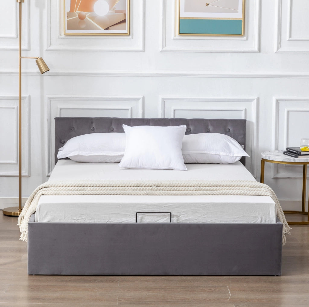 Letto imbottito in velluto grigio 140x200 cm con testiera capitonn茅 e contenitore idraulico