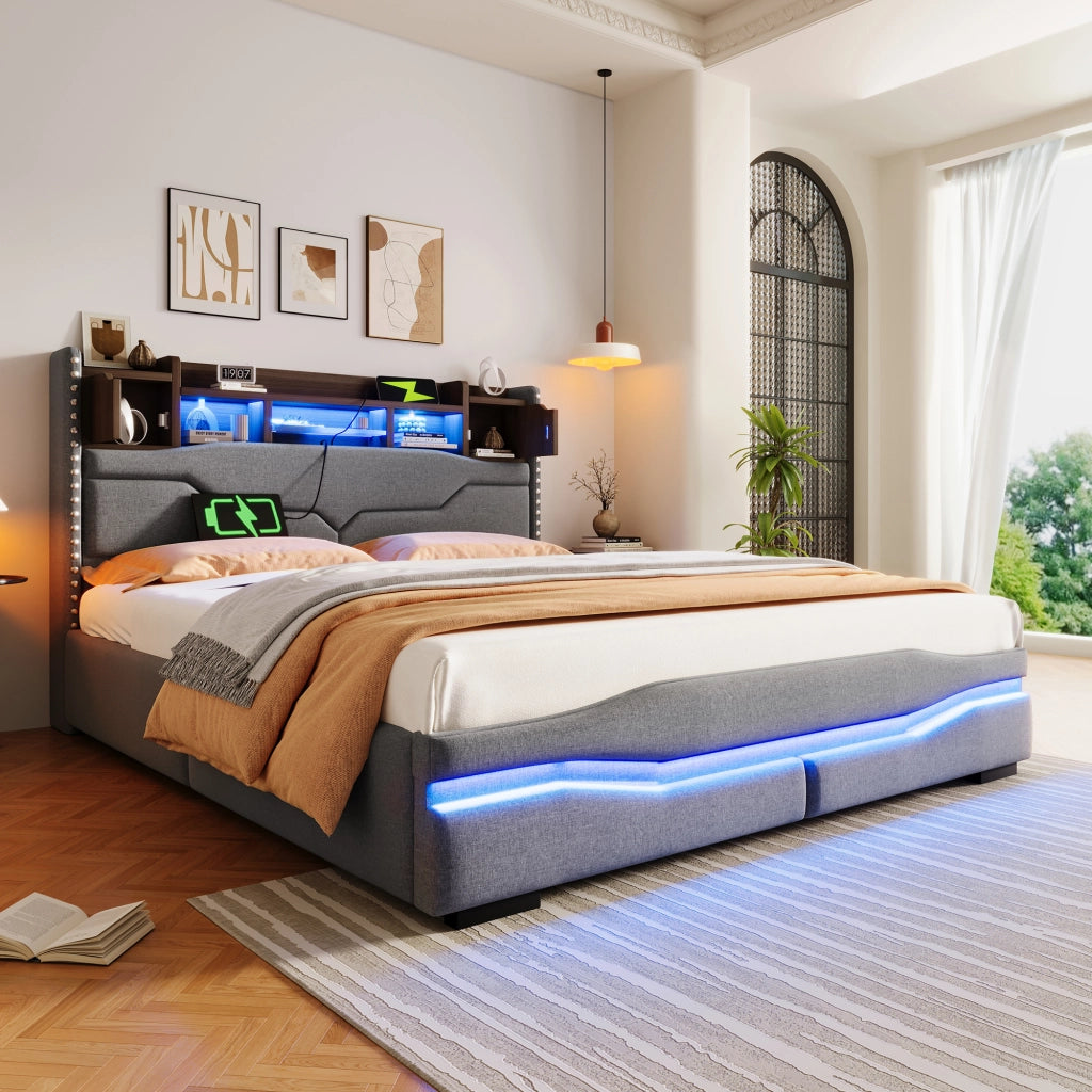 Letti contenitori 160x200 cm; contenitore idraulico e luci LED; lino; grigio (Senza materasso)