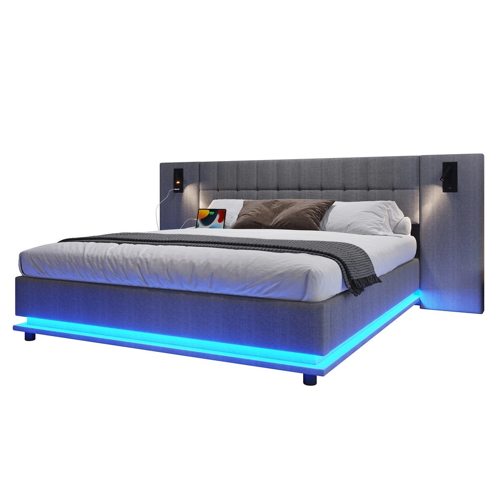 Letto Imbottito Matrimoniale con LED e USB ¨C MINIMAL ¨C Tessuto Grigio 180x200