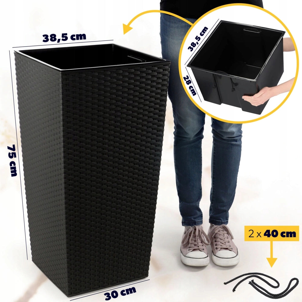 Vaso da giardino KADAX con inserto per fiori, grande e alto, 39x75 cm, nero.