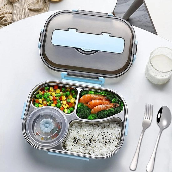 Lunchbox in acciaio inossidabile - 4 compartimenti - 1500 ml - con coltello - ideale per la spesa di tempo