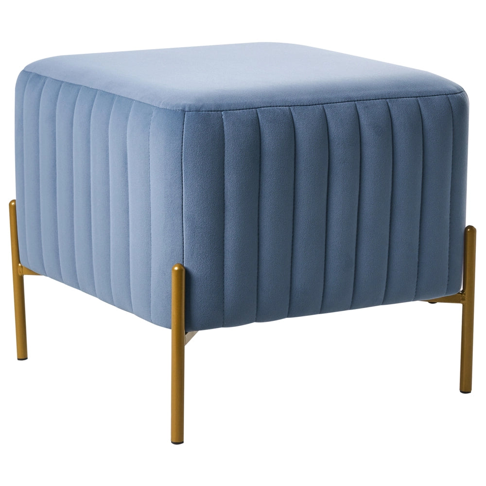 Pouf rivestito in velluto blu con gambe in metallo dorato seduta quadrata 47 x 47 cm per un salotto glamour